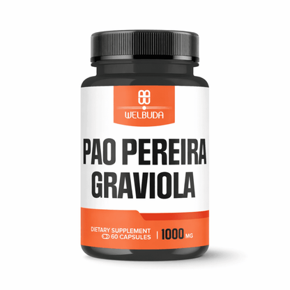 Supplement bottle labeled 'Pao Pereira Graviola' with Welbuda branding on a white background