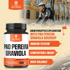 Supplement bottle labeled 'Pao Pereira Graviola' with a person riding a bike in the background.