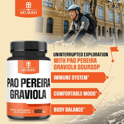 Supplement bottle labeled 'Pao Pereira Graviola' with a person riding a bike in the background.