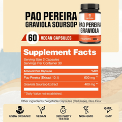 Supplement packaging for Pao Pereira Graviola Soursop with supplement facts and branding details.