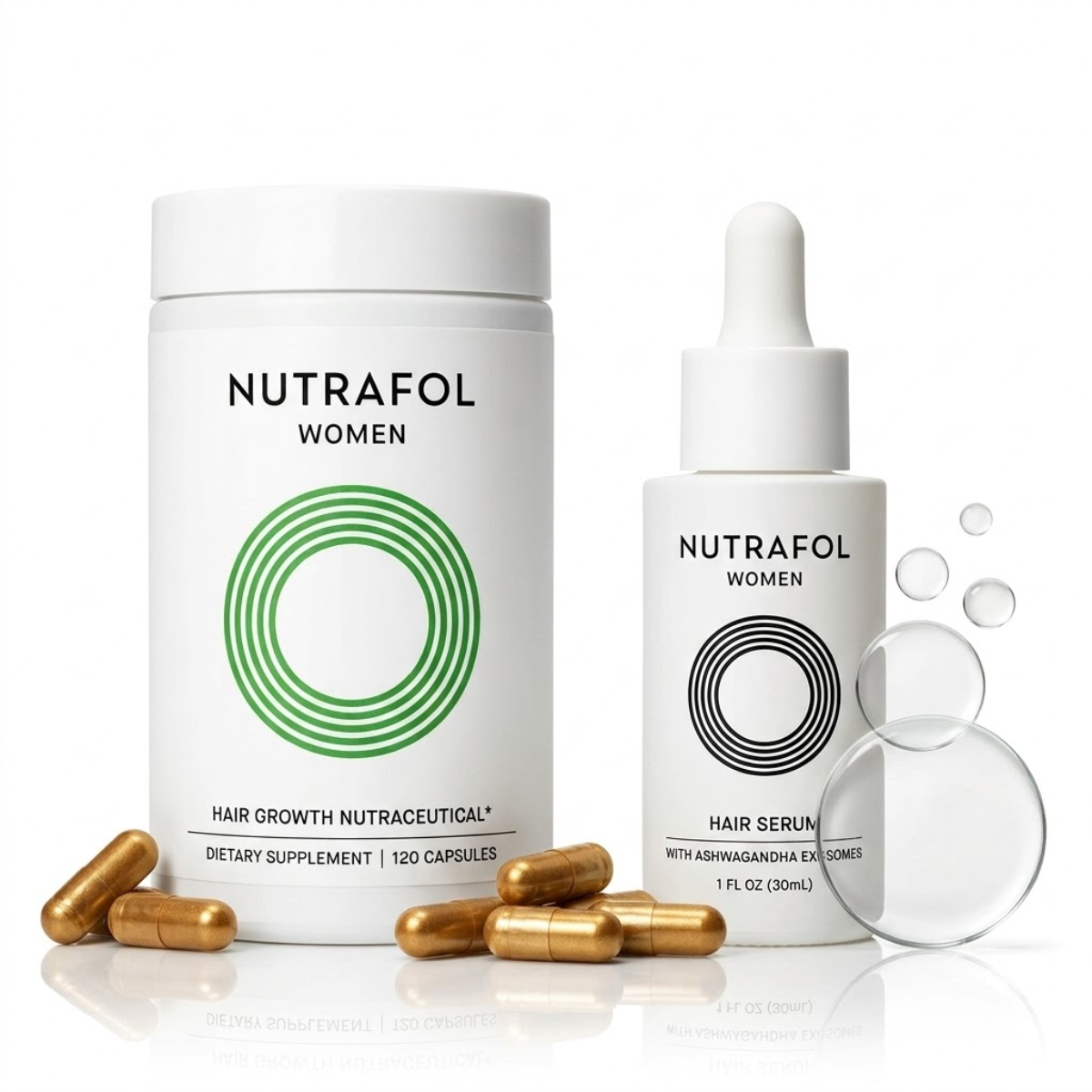 Nutrafol Hair Growth Supplement and Serum Kit, 3-Month Supply, white bottles with lightweight scalp serum and capsules