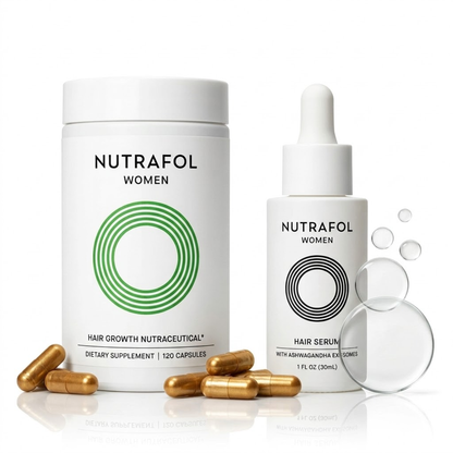 Nutrafol Hair Growth Supplement and Serum Kit, 3-Month Supply, white bottles with lightweight scalp serum and capsules
