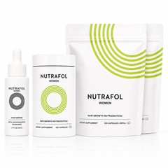 Nutrafol Hair Growth Supplement and Serum Kit with white and green lightweight scalp serum capsules for women