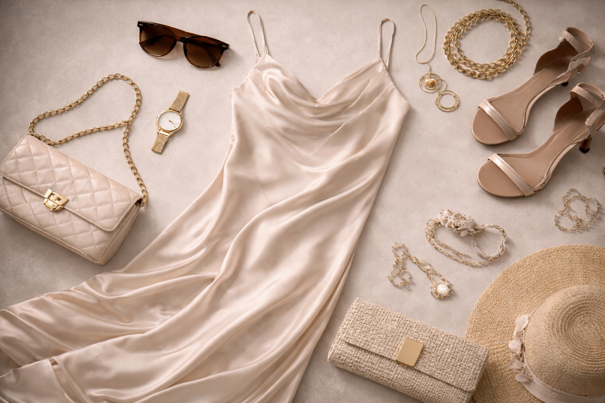 Beige dress with accessories including a handbag, shoes, and jewelry on a neutral background