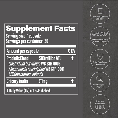 Supplement facts label with certification logos on a dark background