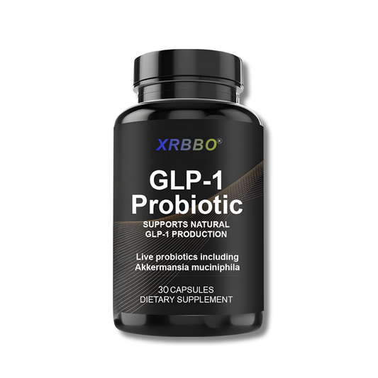 Black bottle of XRBBO GLP-1 Probiotic on a white background