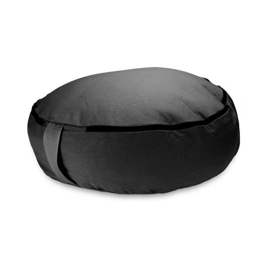 Black 18-inch meditation cushion with carry strap