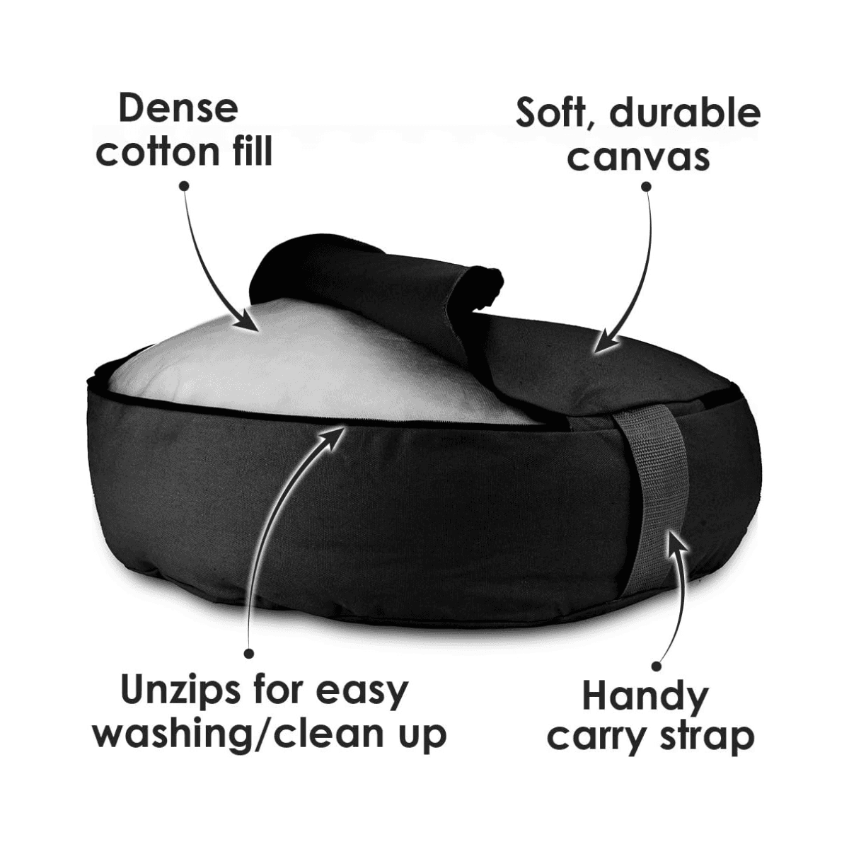 Black 18-inch meditation cushion with cotton fill and canvas cover