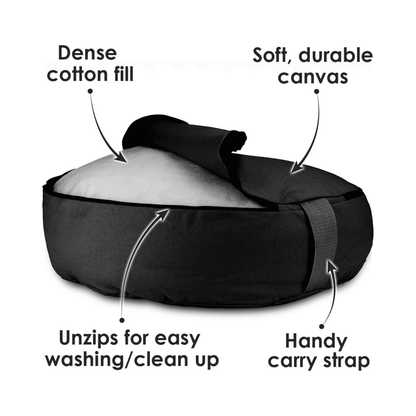 Black 18-inch meditation cushion with cotton fill and canvas cover