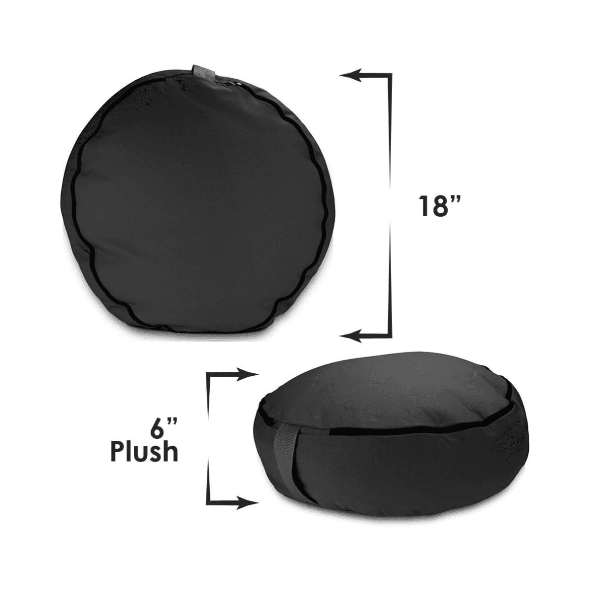 Folded black meditation cushion with dimensions and carry strap