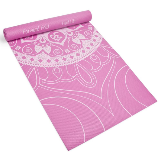 Pink chakra art yoga mat with pose guide and floral design