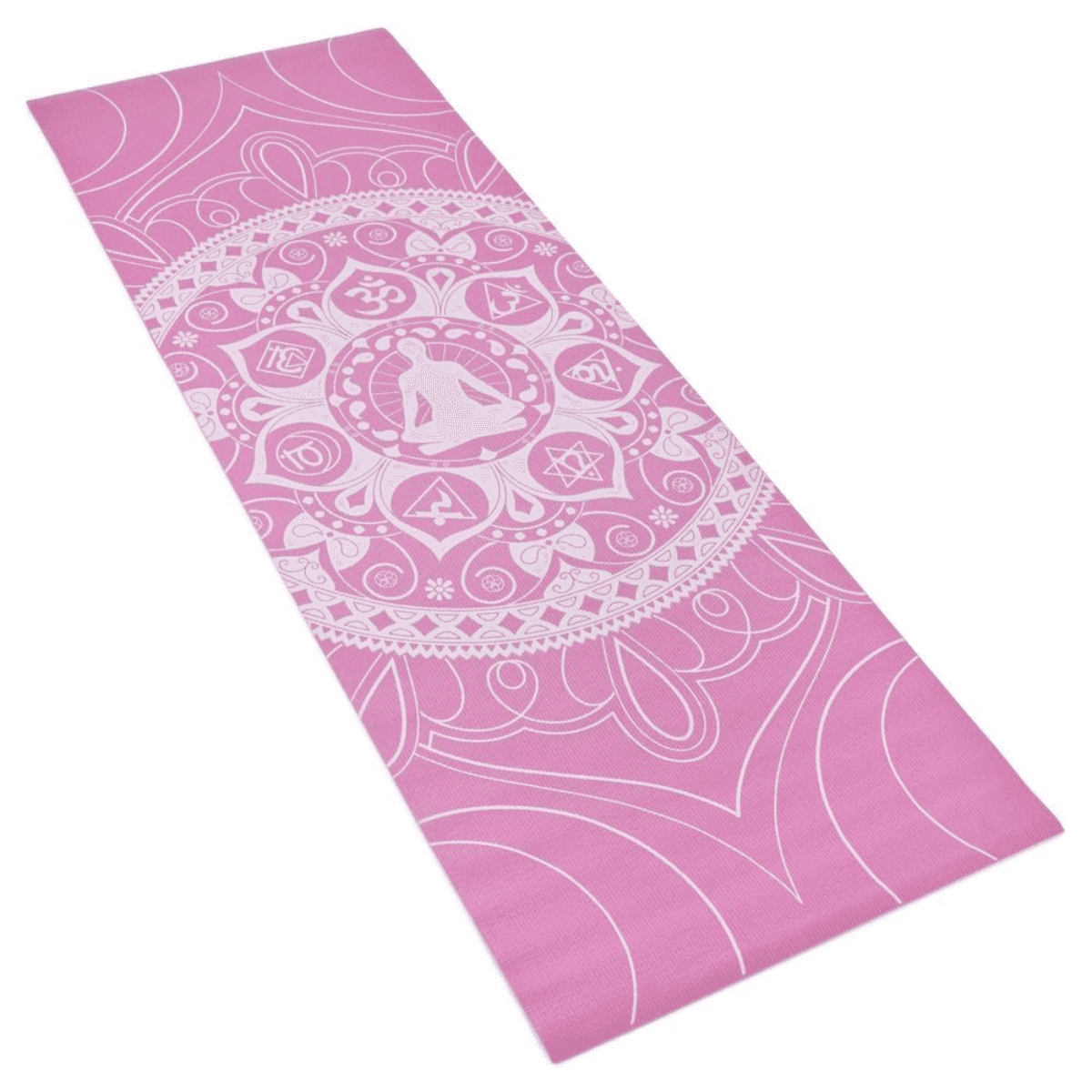 Pink chakra art yoga mat with pose guide and floral design