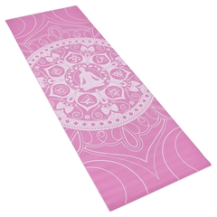 Pink chakra art yoga mat with pose guide and floral design