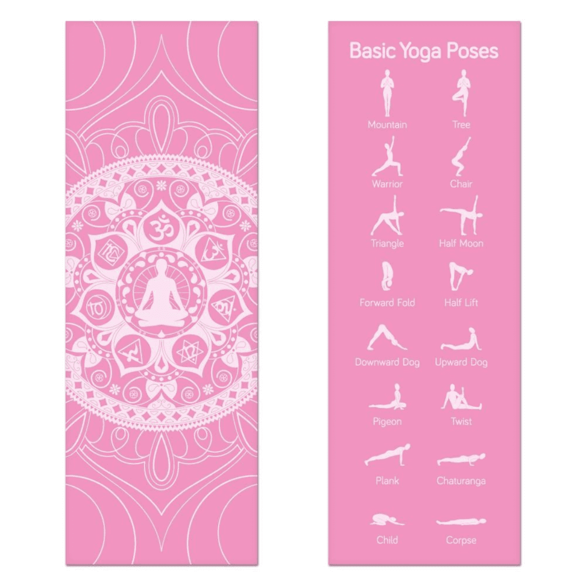 Pink chakra art yoga mat with pose guide and floral design