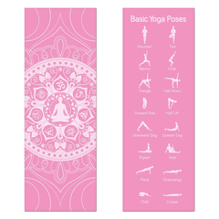 Pink chakra art yoga mat with pose guide and floral design