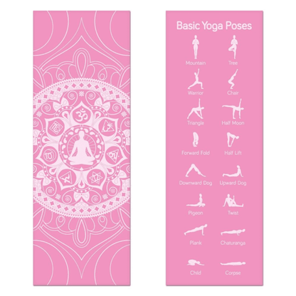 Pink chakra art yoga mat with pose guide and floral design