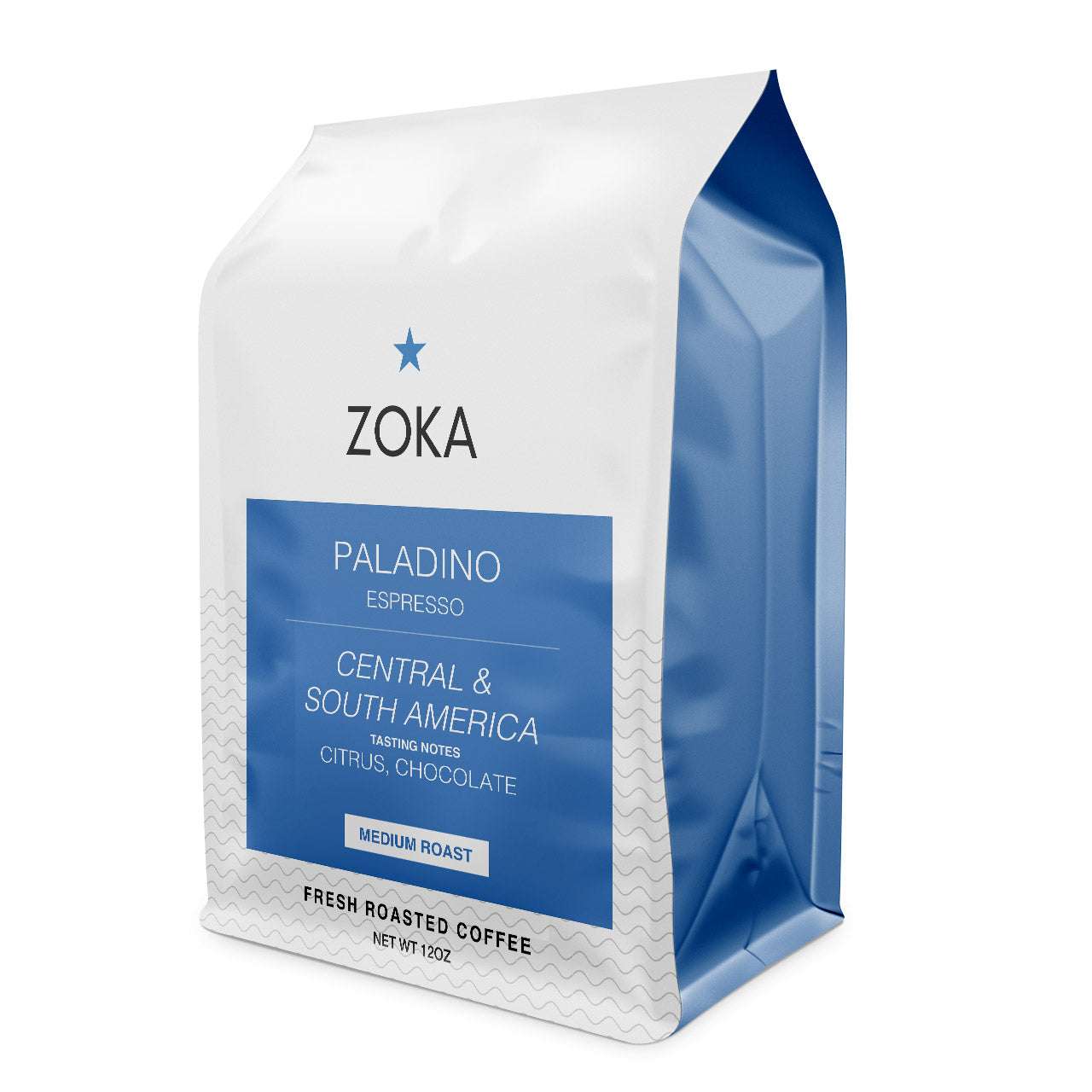 Zoka Coffee Paladino espresso coffee bag with blue and white packaging for food and beverages category