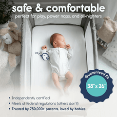 Baby lying in a crib with text about safety, comfort, and dimensions.