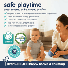 Baby sitting on a mattress with a woman, featuring safety certifications and product benefits.
