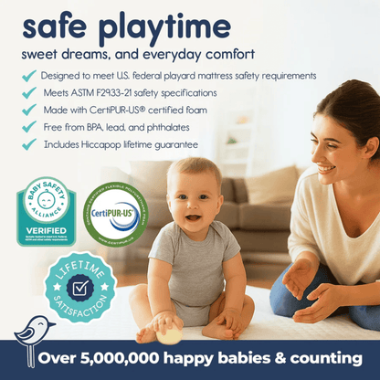 Baby sitting on a mattress with a woman, featuring safety certifications and product benefits.