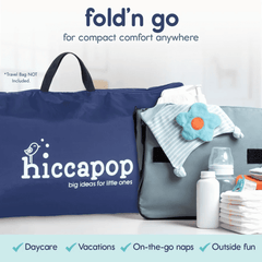 Nappy bag with baby items and hiccapop branding on a white background