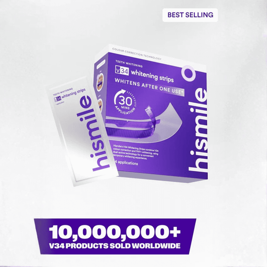 Hismile V34 teeth whitening strips box with purple packaging and application details