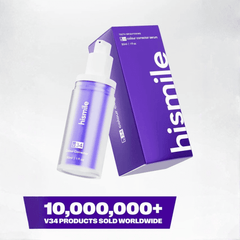 Hismile V34 purple teeth brightening serum box and bottle