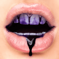 Lips with purple teeth stain and serum application