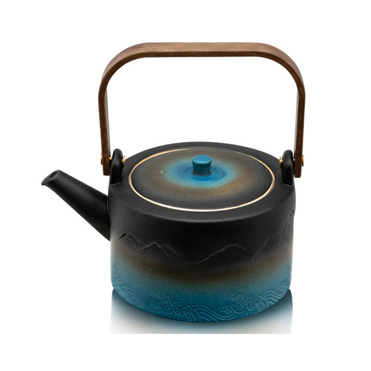 suyika Ceramic Teapot with Bamboo handle Removable Infuser for Flower and Loose Tea, 750ml/25.3oz Black Cyan