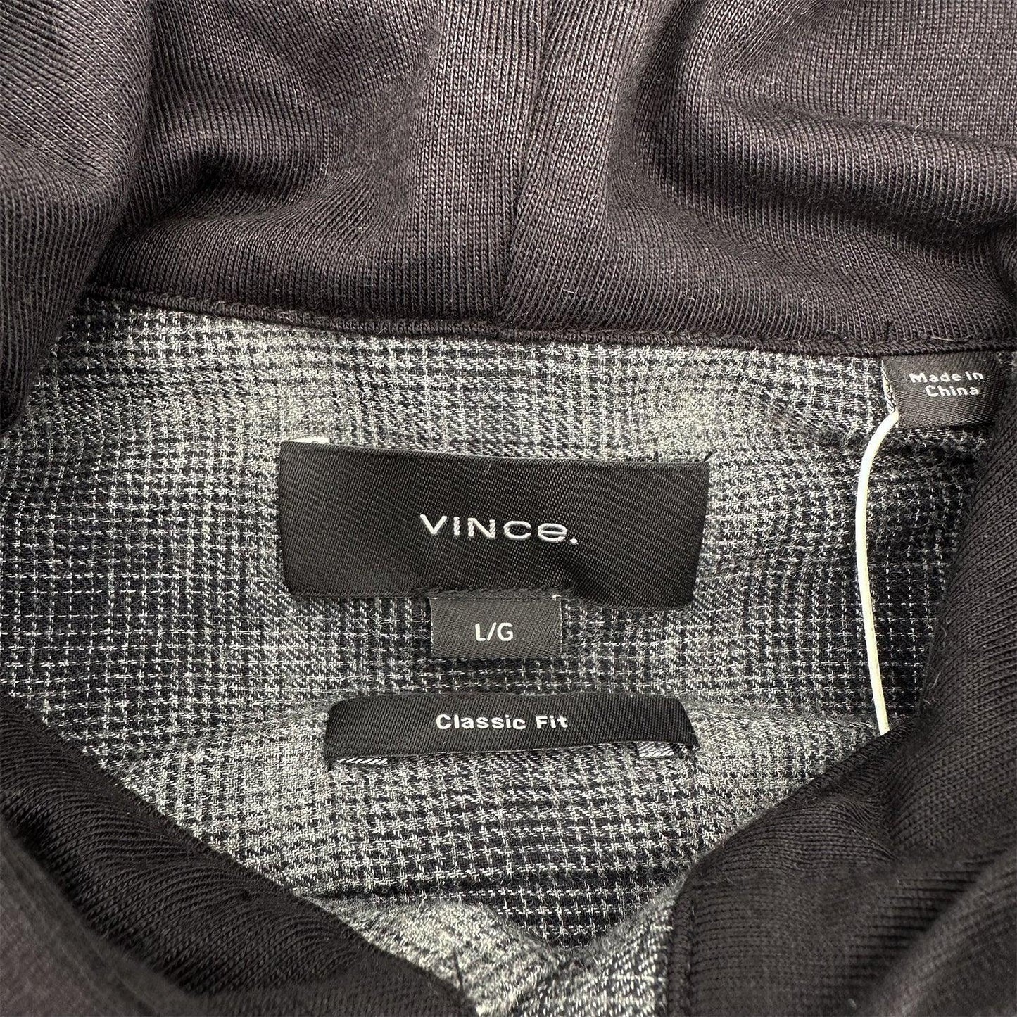 vince | men's tonal shadow plaid button-down hoodie in heather grey | size L - Home Revival Shop