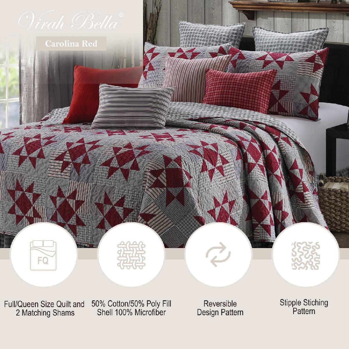virah bella | quilt set 3 pc. | lightweight/reversible gray/red | full/queen - Home Revival Shop
