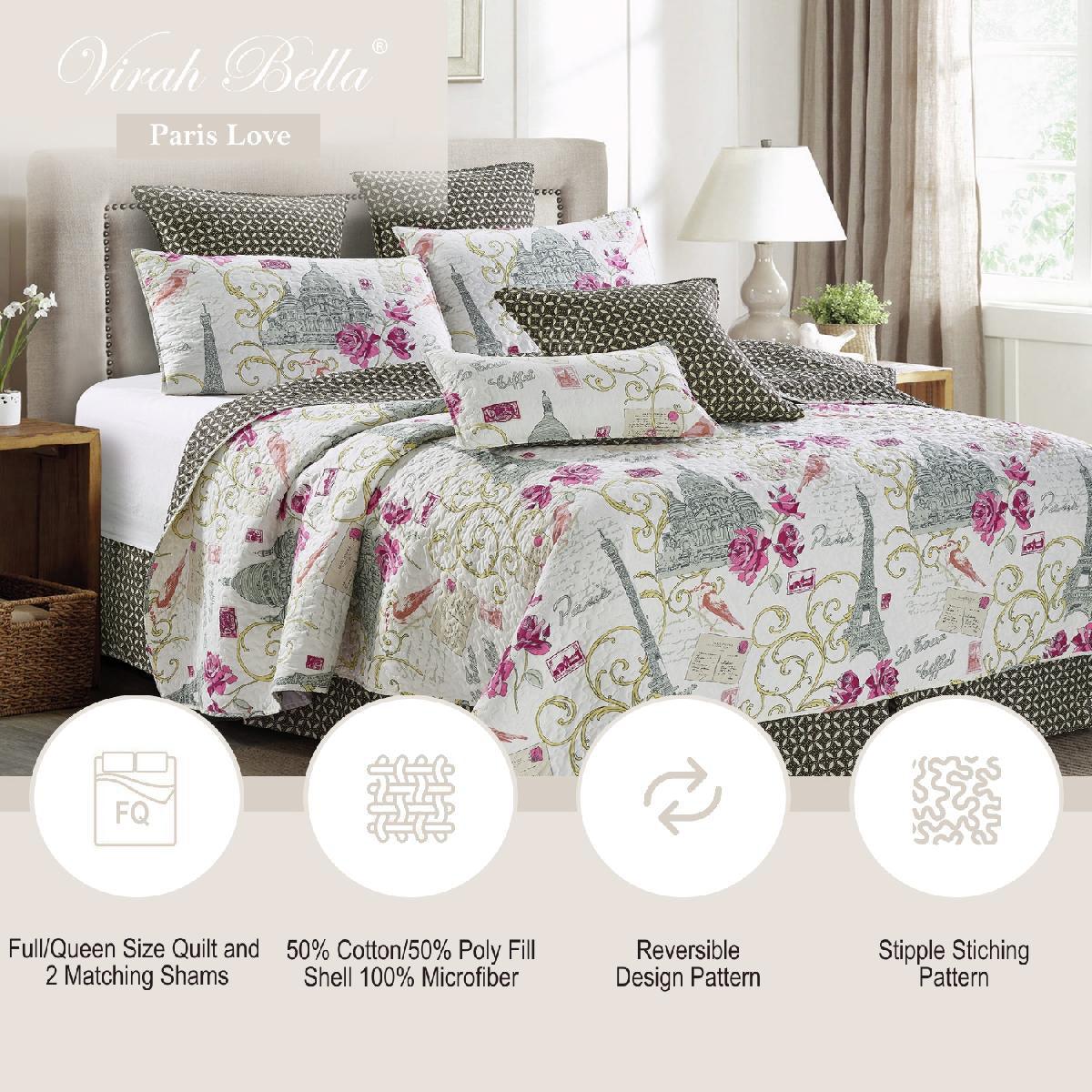 virah bella | quilt set 3 pc. | paris themed, light-wight/reversible | full/queen - Home Revival Shop