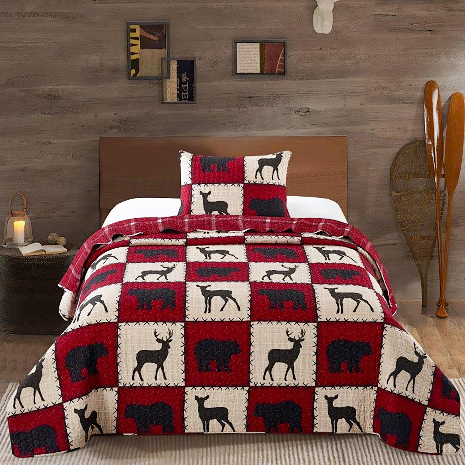 virah bella | quilt set 2 pc. | rustic lodge bear/deer | red/black | twin - Home Revival Shop